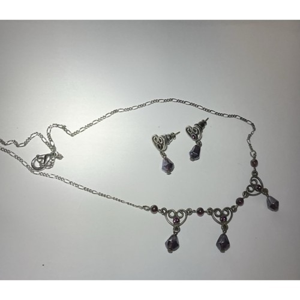 VTG Silver Garnet Necklace Earrings Set Purple Filigree Heart Drop Dangle USA‎